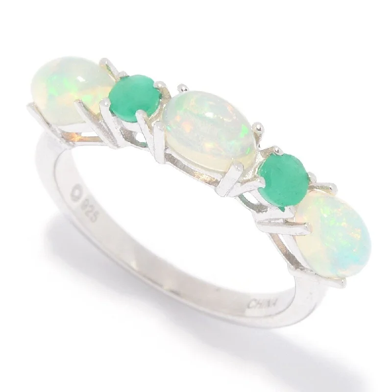 Forged wedding ring-Sterling Silver Ethiopian Opal & Emerald 5-Stone Band Ring