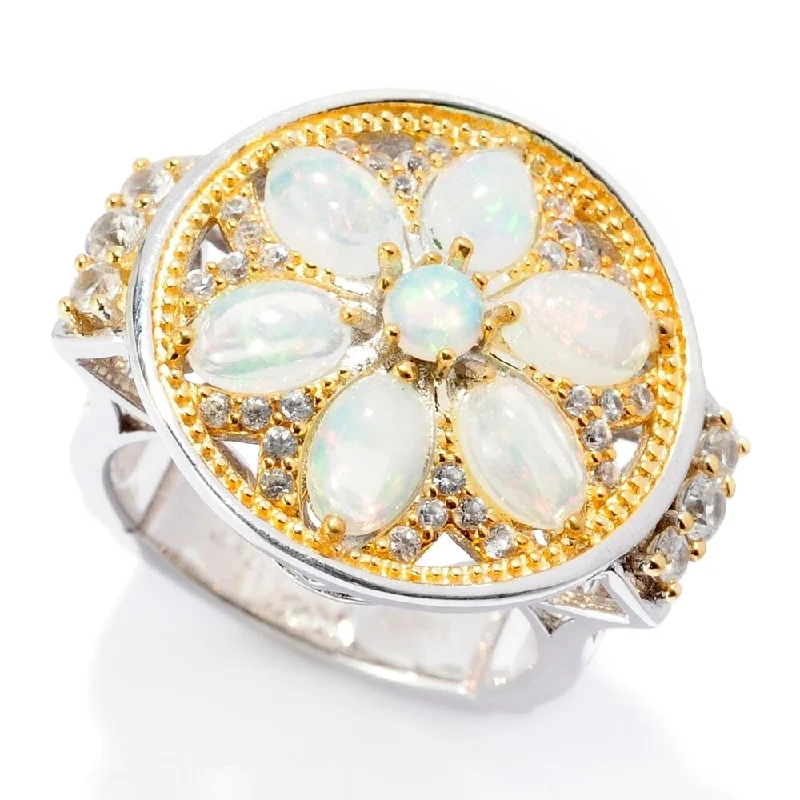 Stacked scale ring-Sterling Silver Two-tone Ethiopian Opal & White Zircon Flower Ring