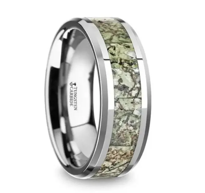 Forged wedding ring-TARGARYEN Men’s Tungsten Ring with Green Dinosaur Bone Inlay & Beveled Edges - 8mm