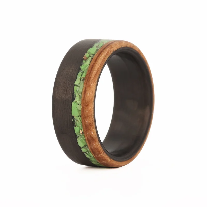 Polished ruby ring-The Mojave - Green Turqouise with Whiskey Barrel Wood and Carbon Sleeve Ring