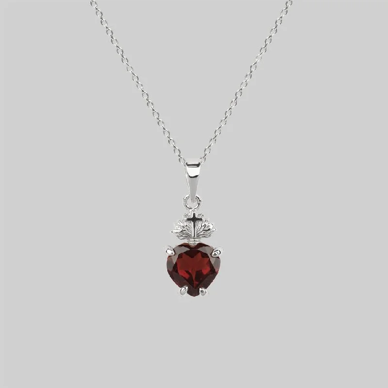 Smoked wood necklace-The Sacred Heart Garnet Necklace - Silver