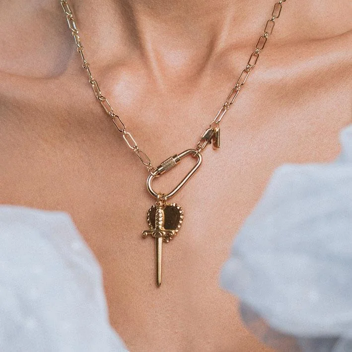 Bent sprig necklace-TORMENT. Heart & Dagger Carabiner Charm Necklace - Gold