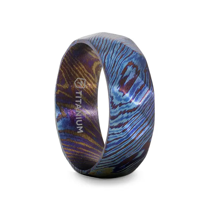 Willow nut ring-TYRIAN Brushed Titanium Ring with Blue and Purple Wavy Design - 8mm