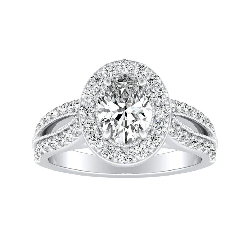 Recessed groove ring-Vintage Halo Oval Diamond Engagement Ring 7/8ctw Platinum by Auriya