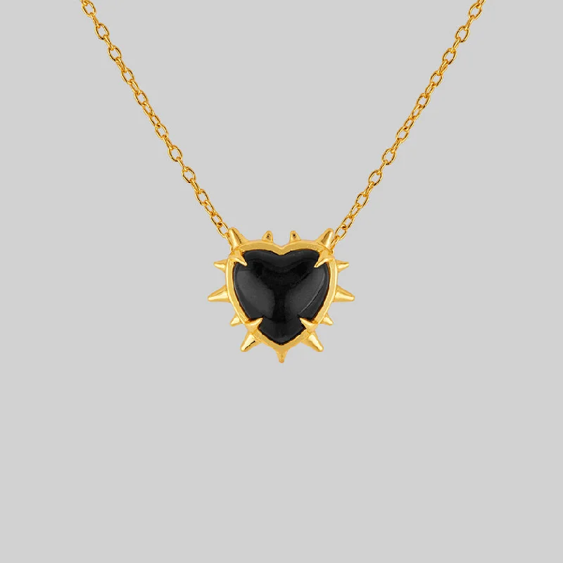 Matte chain necklace-VOID. Spiked Black Glass Heart Necklace - Gold