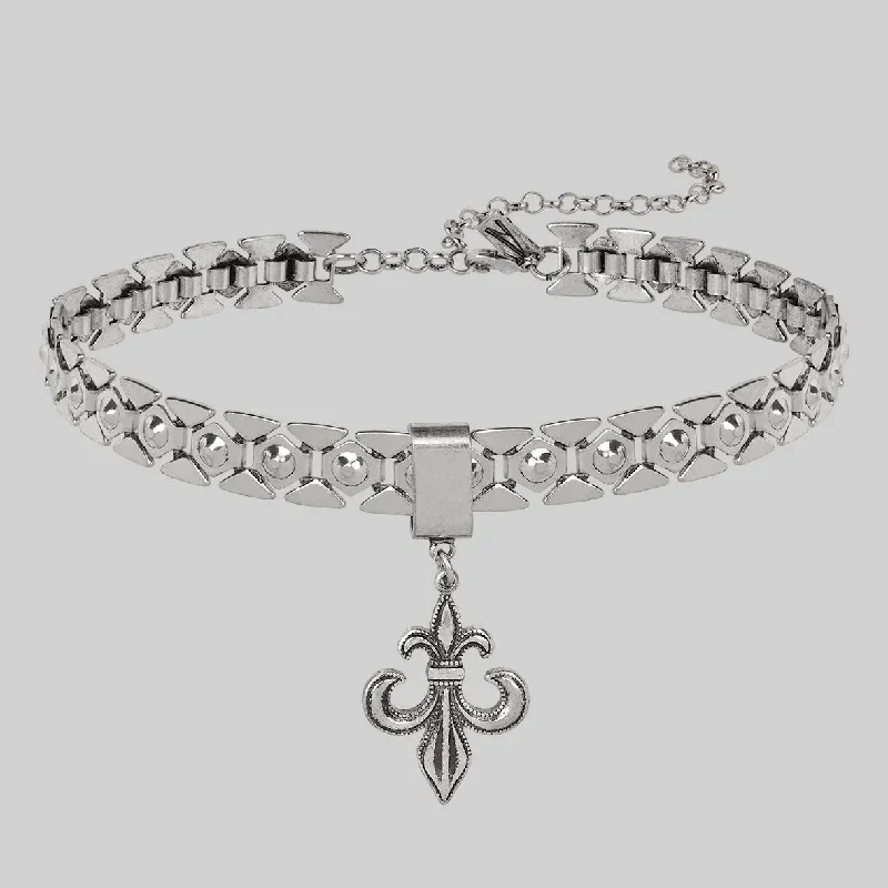 Micro bead necklace-VOW. Fleur de Lis Charm Choker - Silver