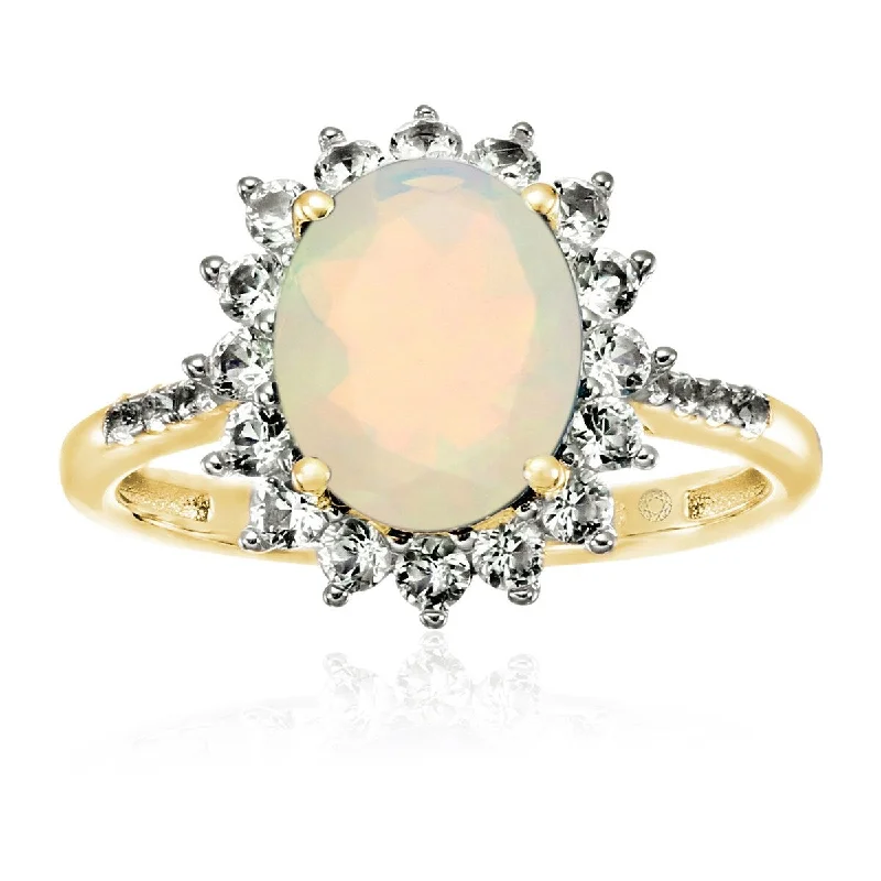 Dill sprig ring-Yellow Gold Over Sterling Silver Ethiopian Opal and Created White Sapphire Ring