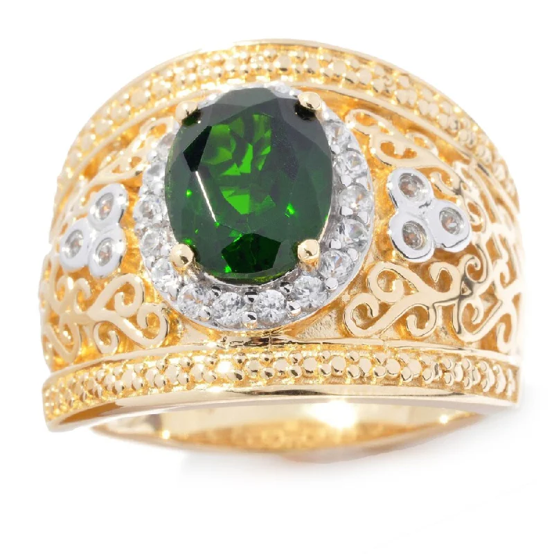 Clustered stone ring-Yellow Vermeil Over Sterling Silver Chrome Diopside/ White Zircon Wide Band Ring