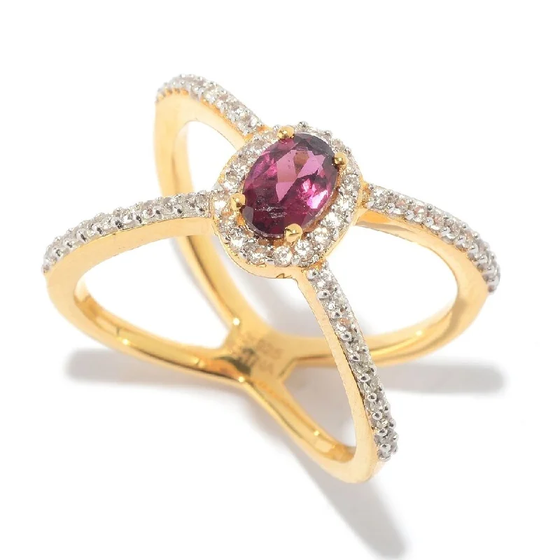 Side gem ring-Yellow Vermeil "X" Halo Rhodolite Ring