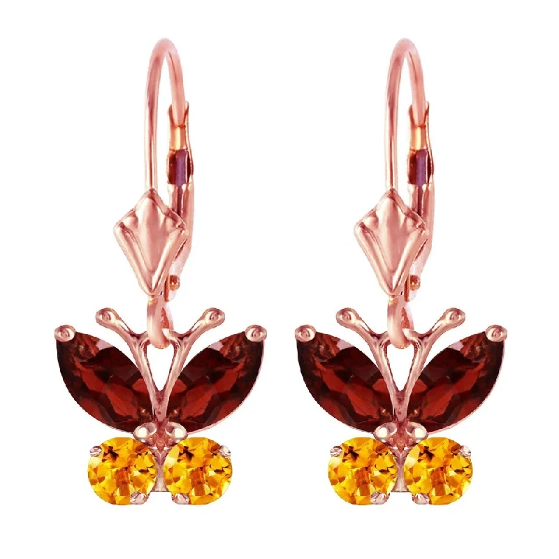 Marble fleck earrings-1.24 CTW 14K Solid Rose Gold Butterfly Earrings Garnet Citrine