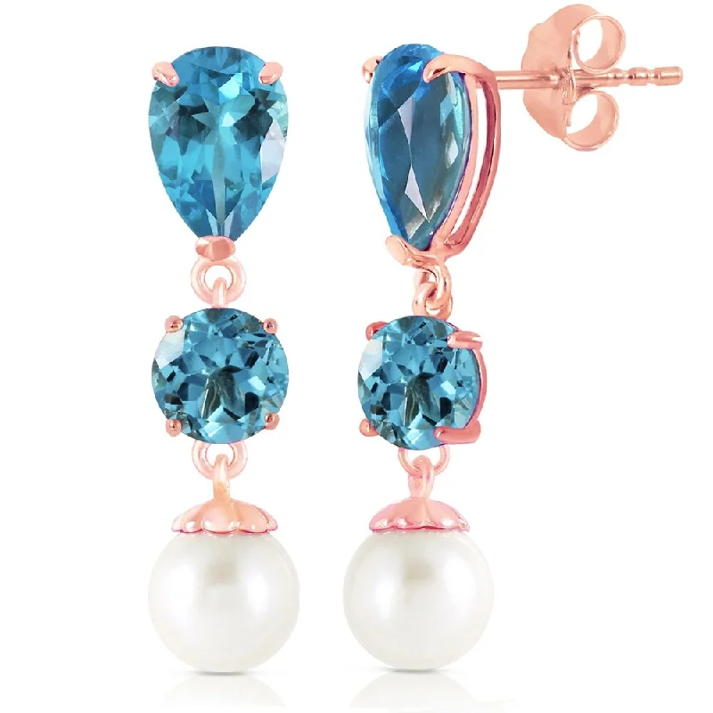 Side gem earrings-10.5 CTW 14K Solid Rose Gold Drop Earrings Blue Topaz And pearl