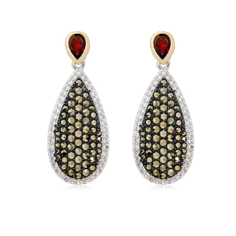 Pine wood earrings-14K Gold & Sterling Silver with Garnet, Marcasite Drop Earrings