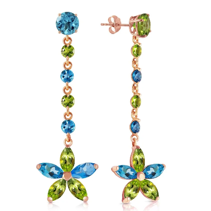 Haze glass earrings-14K Solid Gold Chandelier Earrings w/ Natural Blue Topaz & Peridots