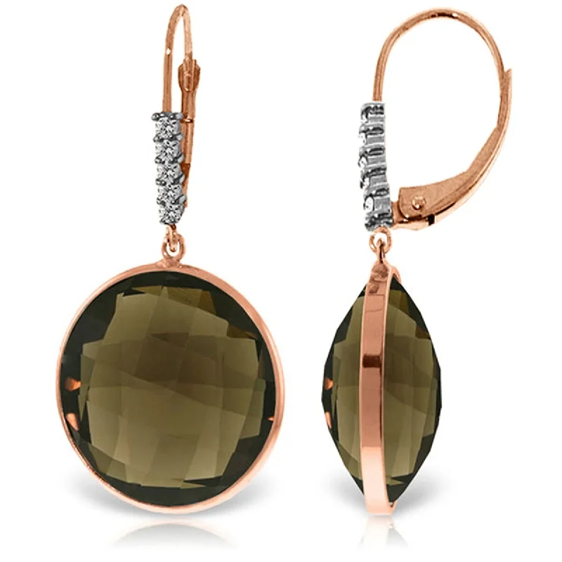 Brass finish earrings-14K Solid Gold Diamonds Earrings w/ Checkerboard Cut Smoky Quartz