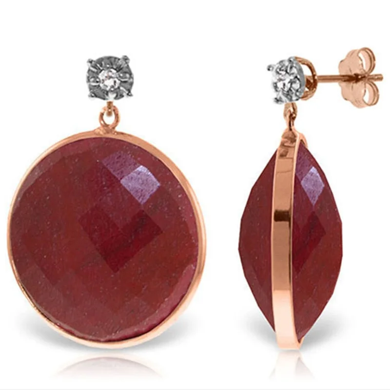 Faded hue earrings-14K Solid Gold Diamonds Earrings w/ Dangling Round Cut Dyed Rubies