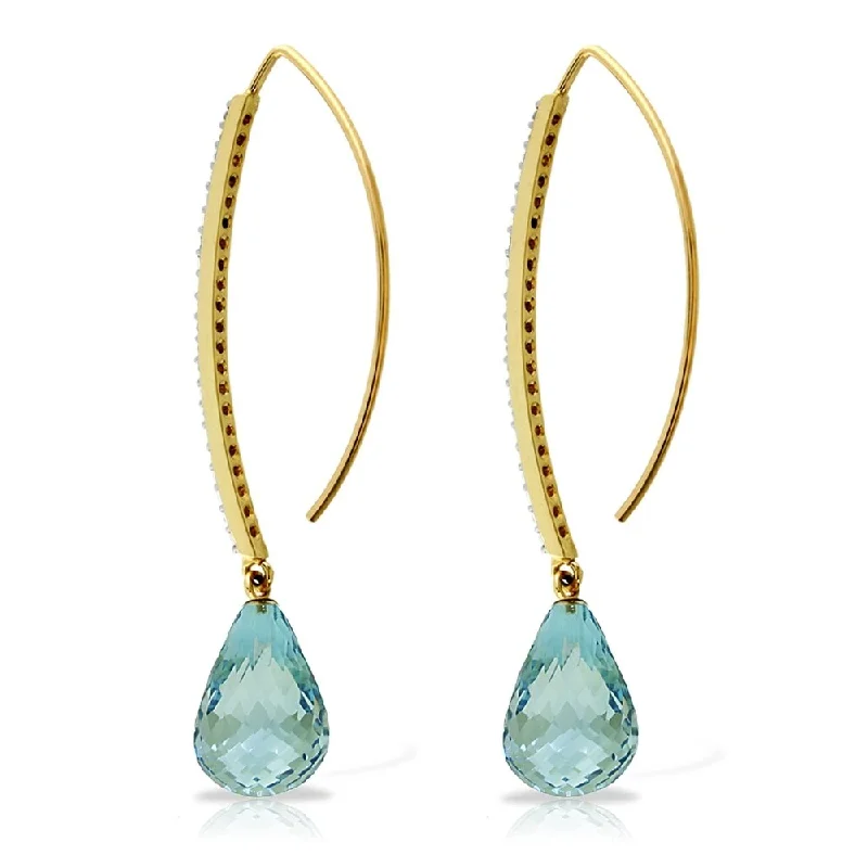 Stacked scale earrings-14K Solid Gold Diamonds Fish Hook Earrings with Dangling Briolette Blue Topaz