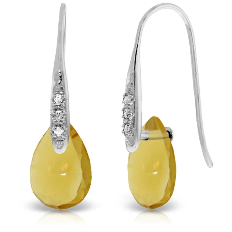 Frayed rim earrings-14K Solid Gold Fish Hook Earrings w/ Diamonds & Dangling Citrines