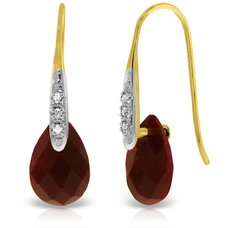 River pebble earrings-14K Solid Gold Fish Hook Earrings w/ Diamonds & Dangling Dyed Rubies