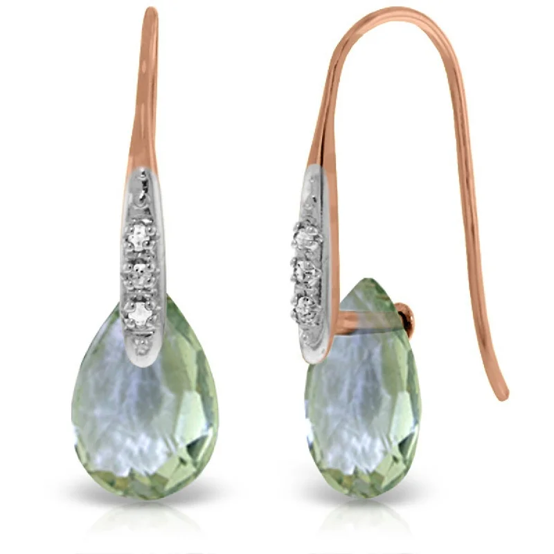 Pine wood earrings-14K Solid Gold Fish Hook Earrings w/ Diamonds & Green Amethyst