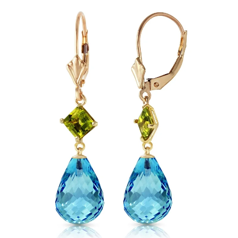 Pale dusk earrings-14K Solid Gold Leverback Earrings Peridot & Blue Topaz Gemstone