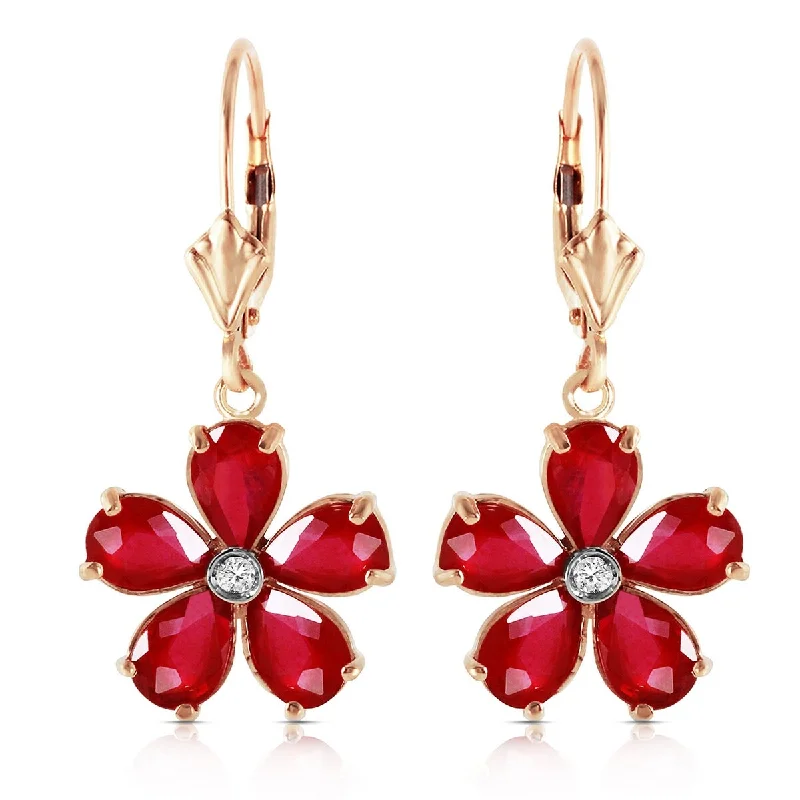 Wavy rim earrings-14K Solid Gold Leverback Earrings w/ Natural Rubies & Diamonds