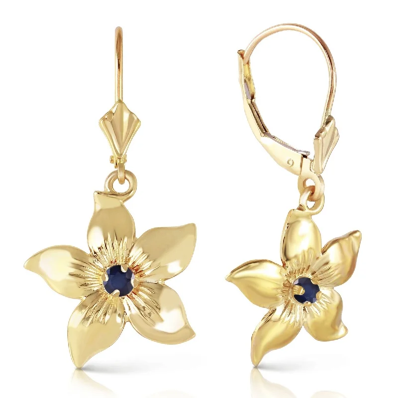 Wool weave earrings-14K Solid Gold Leverback Flowers Gemstone Earrings w/ Sapphires