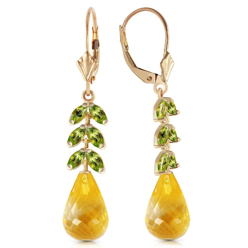 Fused alloy earrings-14K Solid Gold Leverback Gemstone Earrings w/ Peridot & Citrines