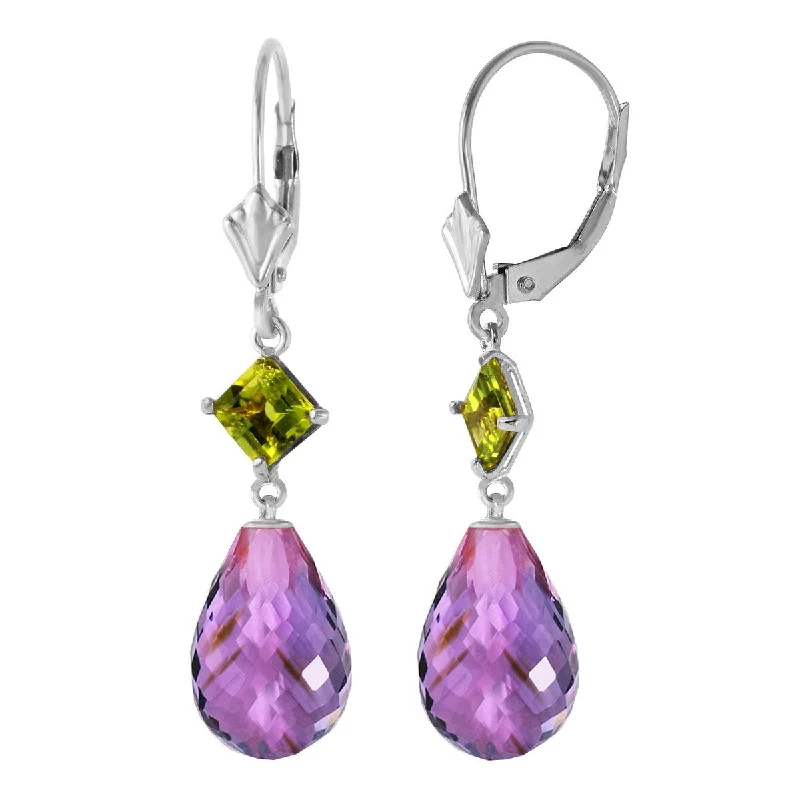 Textured hoop earrings-14K Solid Gold Leverback Gemstone Earrings w/ Peridots & Amethysts