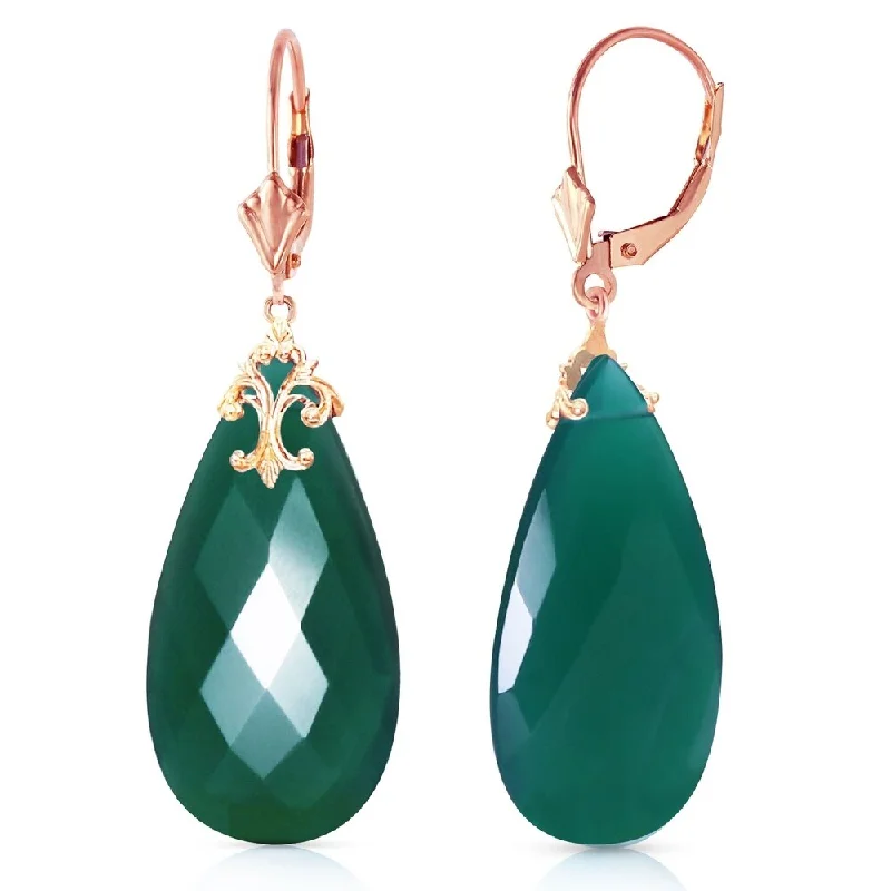 Swinging gem earrings-14K Solid Rose Gold Leverback Earrings with Briolette 31x16 mm Deep Green Chalcedony