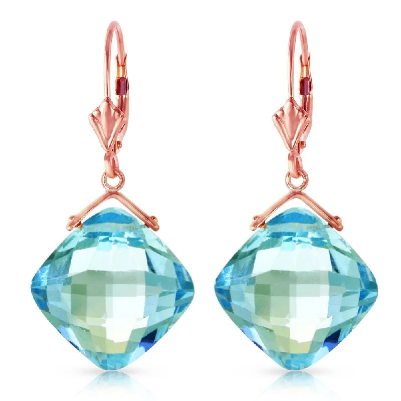 Haze glass earrings-14K Solid Rose Gold Leverback Earrings with Checkerboard Cut Blue Topaz