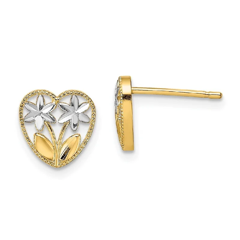 Dome stud earrings-14k Two-tone Gold Rhodium D/C Flower and Heart Post Earrings