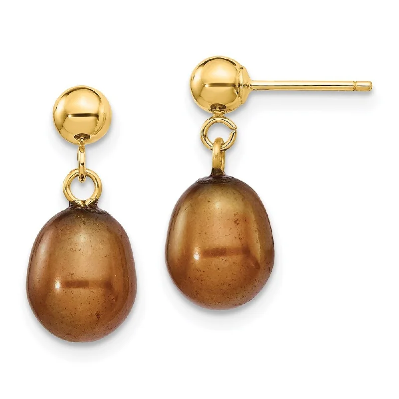 Fleck finish earrings-14k Yellow Gold Brown Pearl Dangle Earrings (L-17 mm, W-7.5 mm)