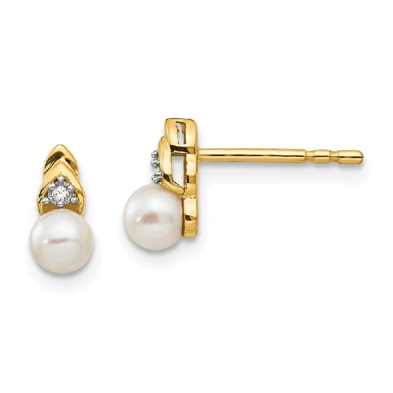 Uncut gem earrings-14k Yellow Gold Diamond And Cultured Pearl Earrings (L-9 mm, W-4 mm)