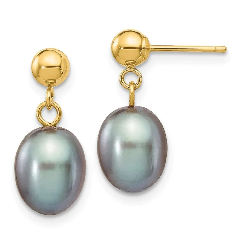 Matte stud earrings-14k Yellow Gold Grey Pearl Dangle Earrings (L-16 mm, W-7.5 mm)