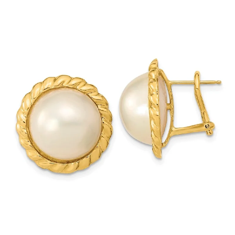 Rose set earrings-14k Yellow Gold White Mabe Freshwater Cultured Pearl Omega Back Earrings (L-13 mm, W-14 mm)