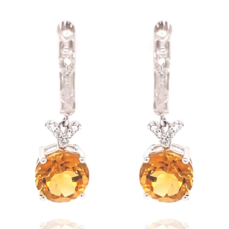 Fifteen-stone earrings-14Kt White Gold Citrine and Diamond Dangling Earrings