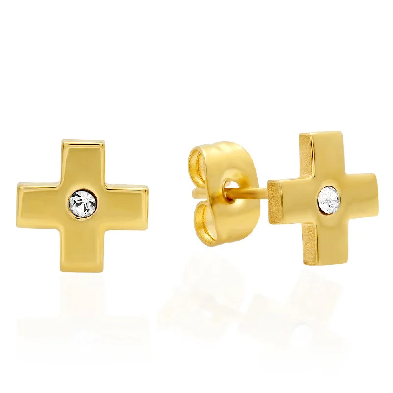 Flow stripe earrings-18kt Gold Plated Stainless Steel Cross Design Stud Earring with SW Stones