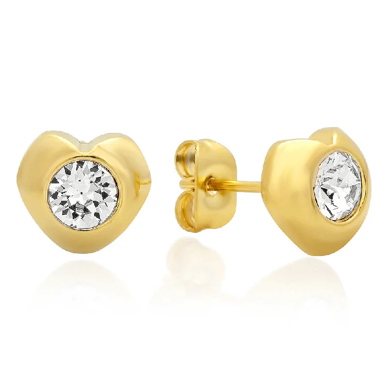 Rough grain earrings-18kt Gold Plated Stainless Steel Heart Shape Stud Earrings with SW Stones