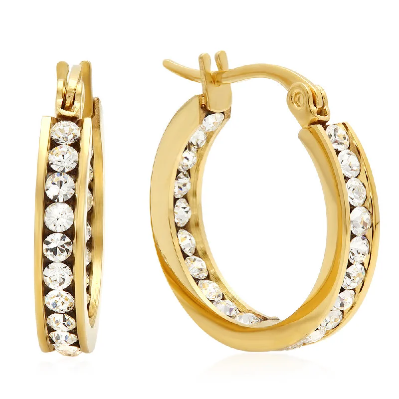 Clustered stone earrings-18kt Gold Plated Stainless Steel Hoop Earrings Layered With SW Stones