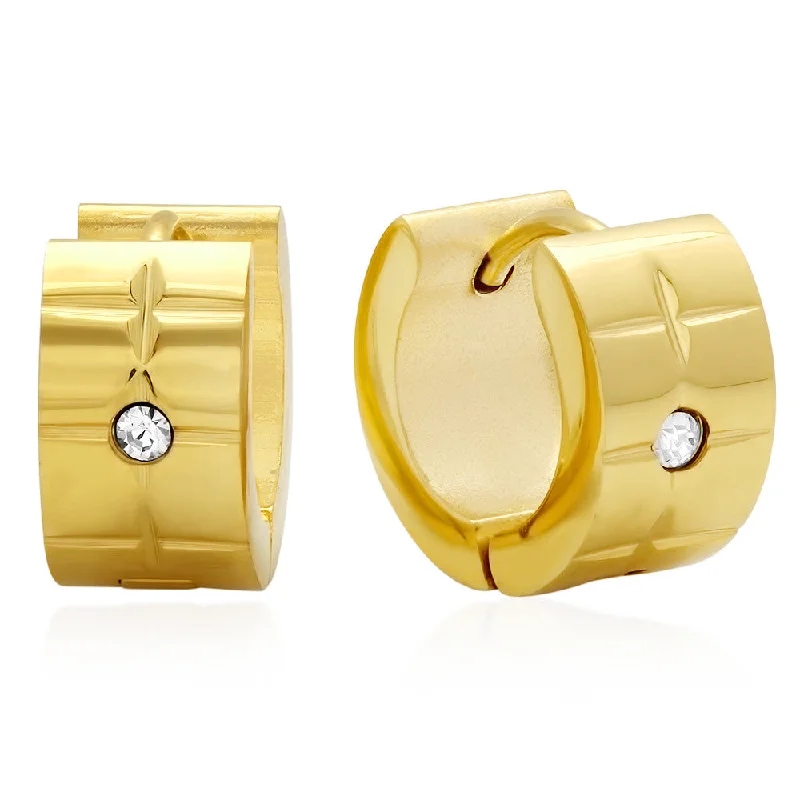 Forged bar earrings-18kt Gold Plated Stainless Steel Huggie Earrings with SW stones