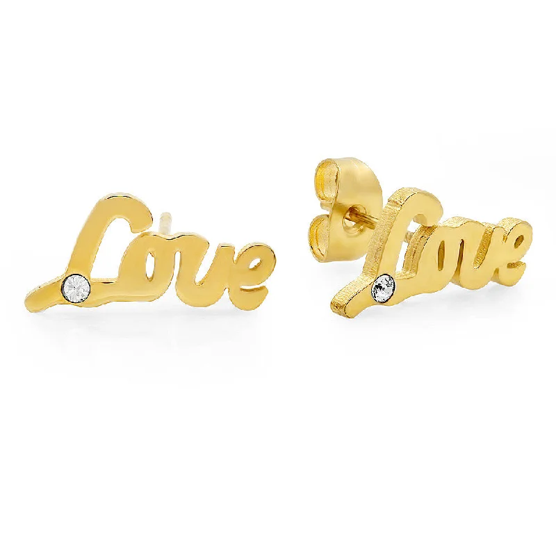 Fused alloy earrings-18kt Gold Plated Stainless Steel Stud Earrings with "Love" and SW Stones Design