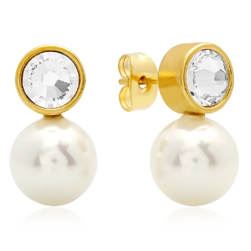 Tusk ridge earrings-18kt Gold Plated Stainless Steel Stud Earrings with Simulated Pearl and SW Stones