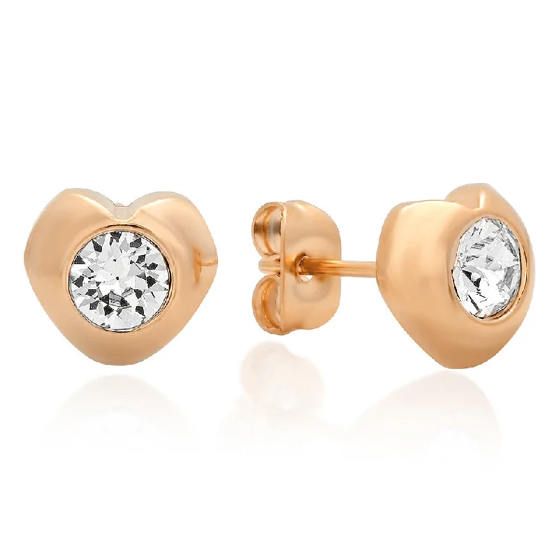 Sesame sprout earrings-18kt Rose Gold Plated Stainless Steel Heart Shape Stud Earrings with SW Stones