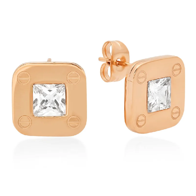 Smooth cut earrings-18kt Rose Gold Plated Stainless Steel Stud Earrings with Screws and CZ Stones Accent