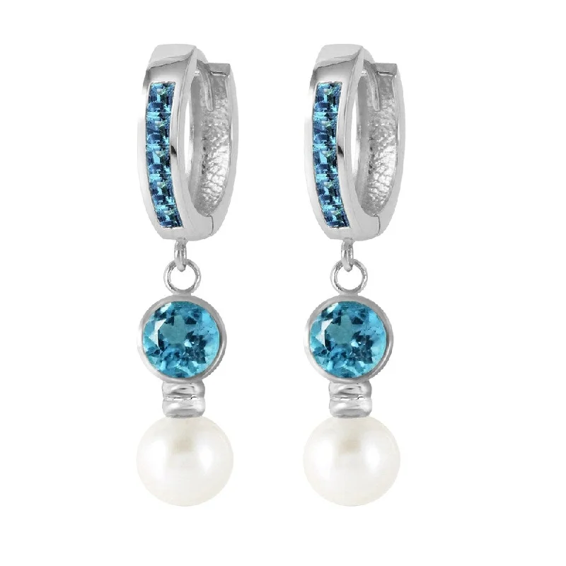 Ornate swirl earrings-4.3 Carat 14K Solid White Gold Huggie Earrings pearl Blue Topaz