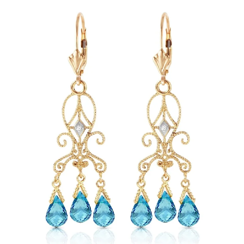 Artisan craft earrings-4.81 Carat 14K Solid Gold Chandelier Diamond Earrings Blue Topaz