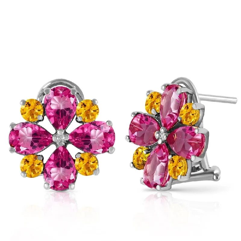 Fifteen-stone earrings-4.85 Carat 14K Solid White Gold French Clips Earrings Pink Topaz Citrine