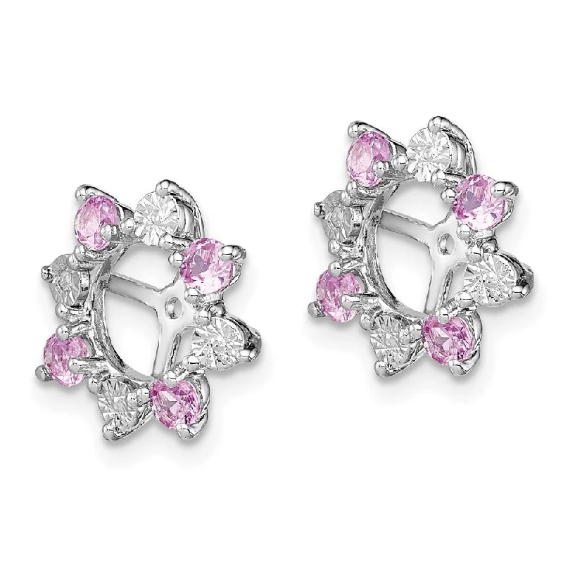 Steel cast earrings-925 Sterling Silver Diamond Created Pink Gemstone Jacket Stud Earrings (L-13 mm, W-13 mm)