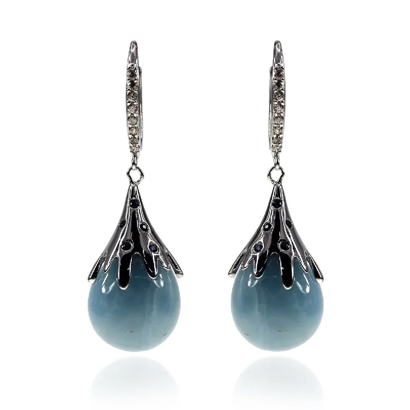 Marble fleck earrings-925 Sterling Silver Milky Aquamarine and Blue Sapphir Drop Earrings