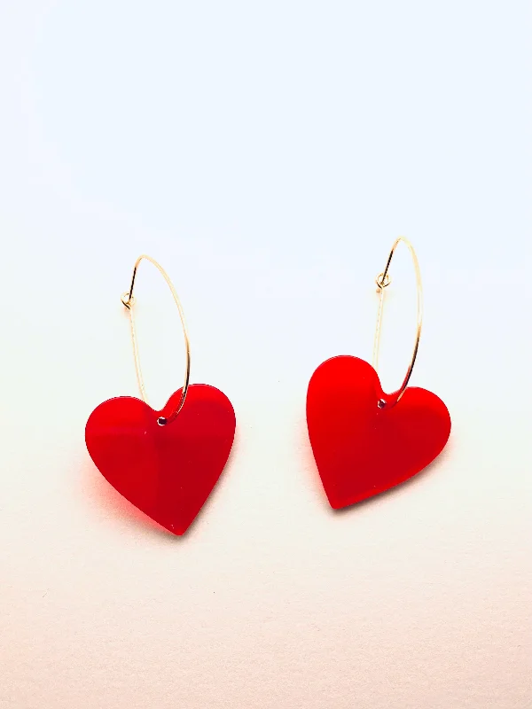 Velvet wrap earrings-Acrylic Hearts Earrings, Red